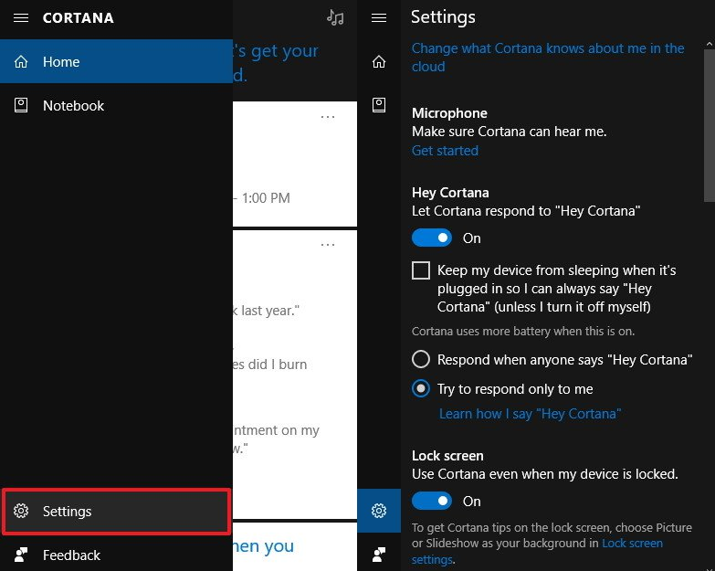 Thủ thuật windowns 10 vưới phần thiết lập Cortana